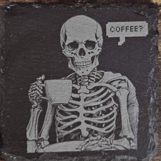 Skeleton coffee coaster HALLOWEEN Slate , Laser Engraved. Custom Made, Beer Mat